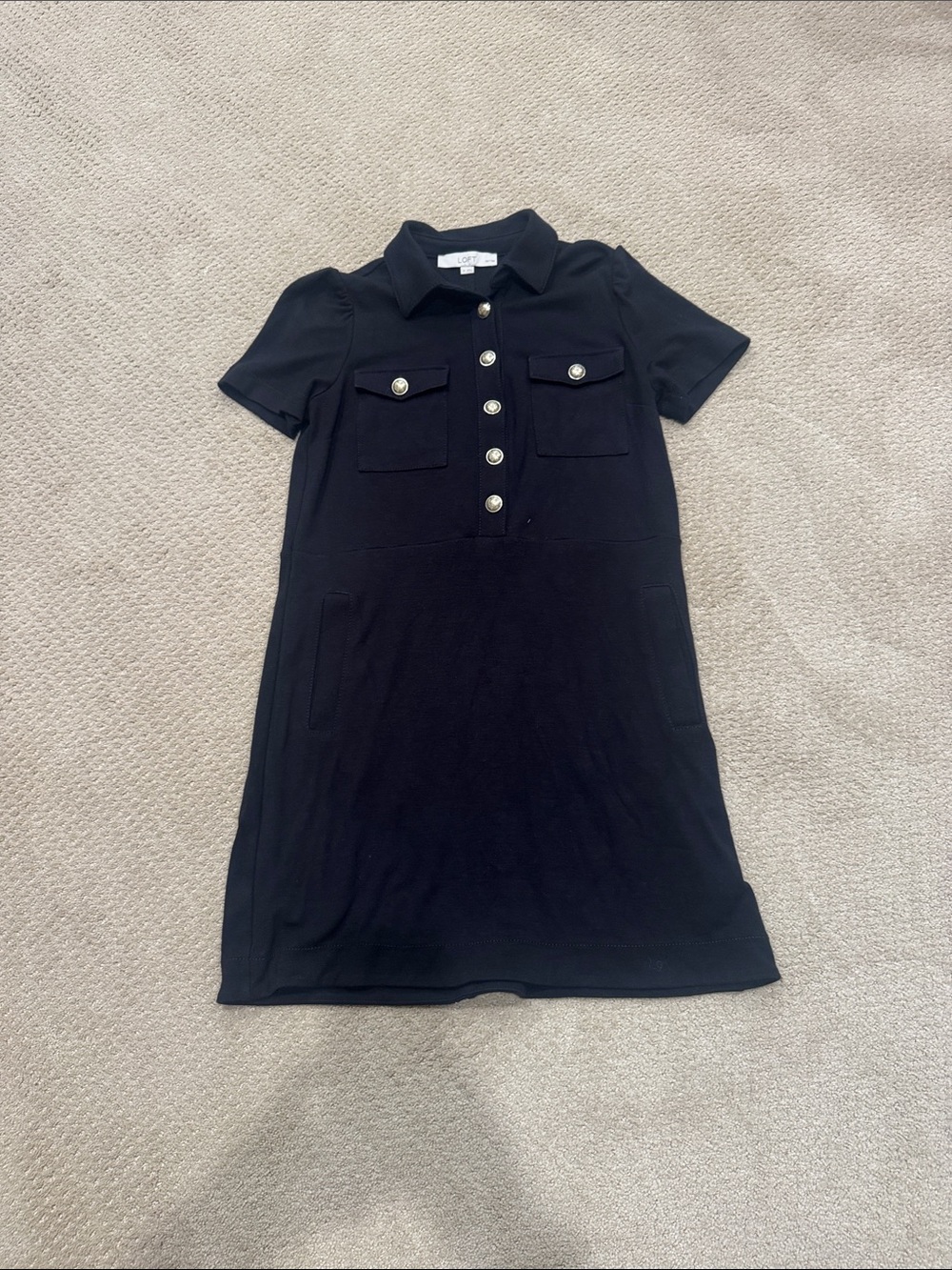 LOFT Black Short Sleeve Polo Shift Dress with Gold Buttons